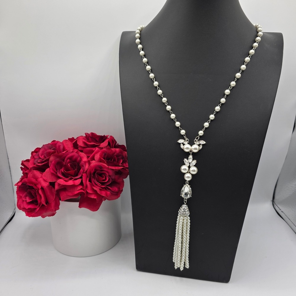Charming Charlie Faux Pearl Crystal Y-Drop Tassel Necklace Silver Tone White